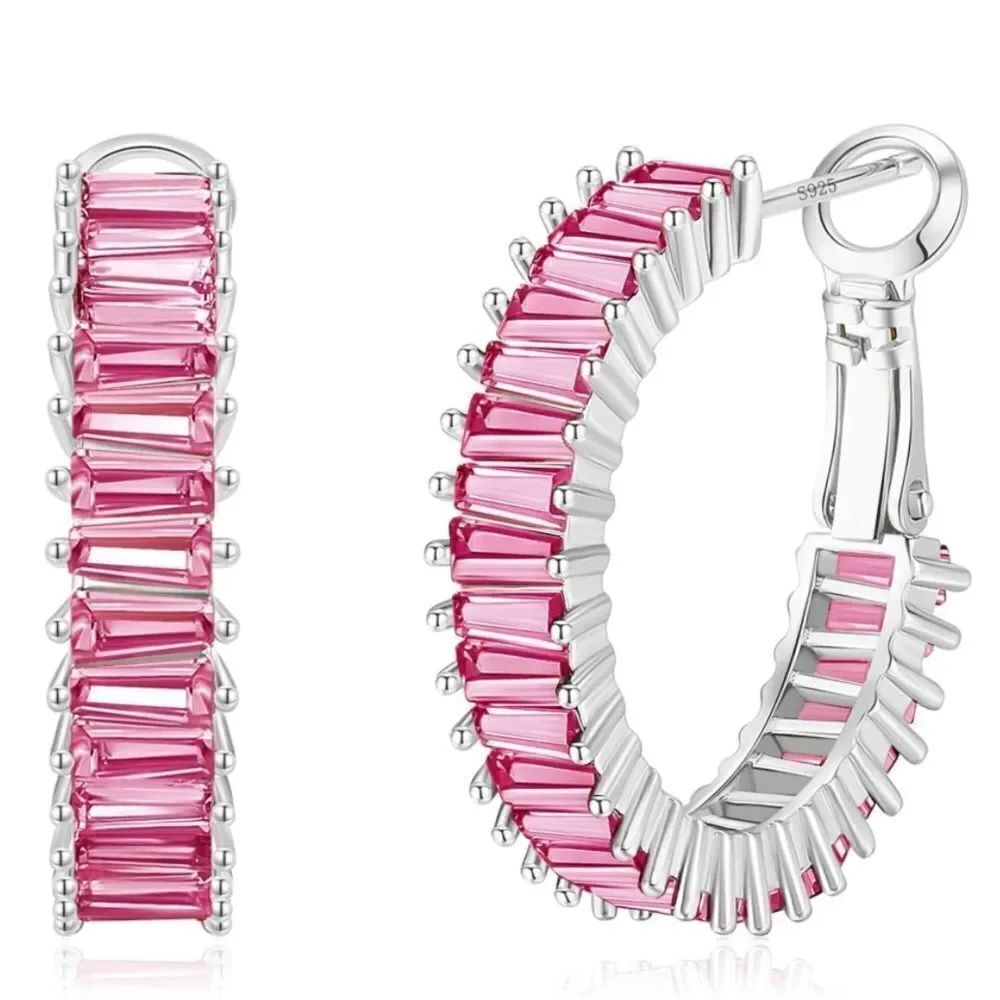 14K White Gold with Rosy Pink Sapphire Cubic Zirconia Hoop Leverback Earrings